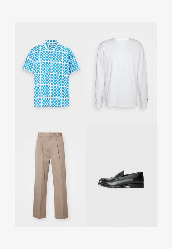 Koszula z krótkim rękawem w jasnoniebieskim kolorze w kratkę, z białymi akcentami i pomarańczowym guzikiem przy rozpięciu. Wykonana z lekkiego materiału.; Biała, długospełna koszulka wykonana z bawełny. Klasyczny krój z okrągłym dekoltem, ściągaczami na rękawach oraz małym logiem na lewym rękawie. Gładka tekstura.; Beżowe spodnie o wysokim stanie z szerokimi nogawkami. Posiadają dwa fałdy z przodu i gładką fakturę. Standardowa długość z czystym wykończeniem.; Czarne skórzane mokasyny z gładkim wykończeniem, haftowanymi detalami wzdłuż przodu buta oraz lekko podniesionym obcasem.