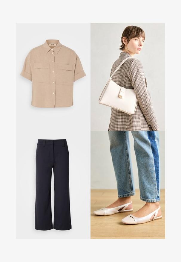 Camisa de linho bege de mangas curtas com colarinho pontudo, dois bolsos frontais e botões brancos. Corte boxy, textura suave.; Calças largas de tecido azul marinho escuro. Apresentam uma frente lisa, passantes para cinto e bolsos laterais. O material é suave com um ligeiro alongamento.; Sapatilhas slingback de cor rosa pálido com bico fino, feitas de um material semelhante a couro liso. Apresentam detalhes recortados nas laterais e um salto plano.; Bolsa de mão em couro branco com um design estruturado, apresentando um fecho magnético e uma alça de ombro, exibida sobre um fundo neutro.