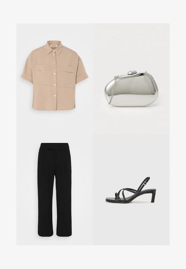 Beige short-sleeve linen shirt with a pointed collar, two front pockets, and white buttons. Boxy fit, smooth texture.; Black wide-leg pants made of a smooth fabric, featuring a flat front, belt loops, and no visible pockets. Clean, tailored design.; Black strappy sandal with a square toe and a low block heel. Features multiple thin straps and an adjustable ankle strap. Made of smooth leather.; Silver metal clutch with a rounded, smooth shape. Features a clasp closure and a detachable chain strap. Reflective surface with no patterns.