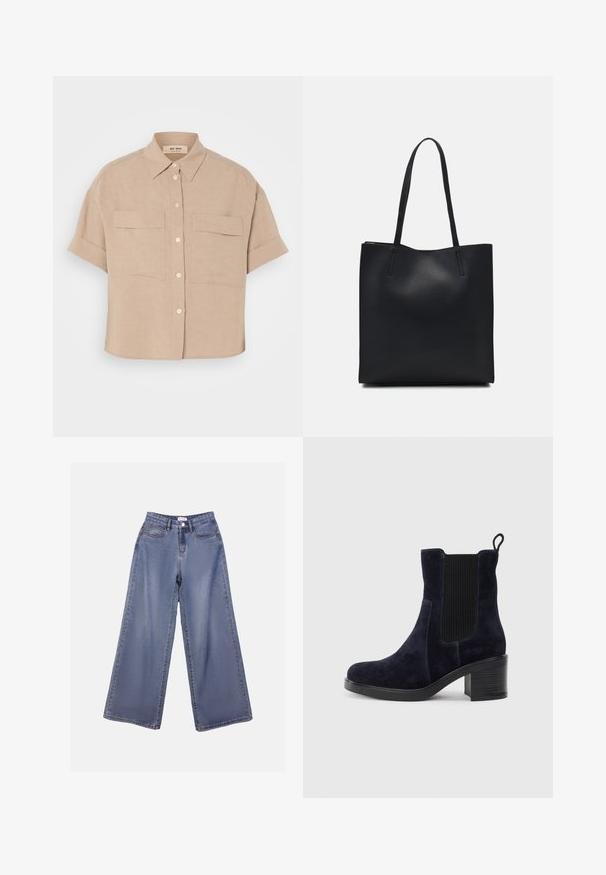 Camisa de linho bege de mangas curtas com colarinho pontudo, dois bolsos frontais e botões brancos. Corte boxy, textura suave.; Calças de ganga de perna larga numa lavagem azul clara, com uma cintura alta, bolsos frontais e fecho de botão com passadores para cinto.; Bota de tornozelo em camurça azul-marinho com painel elástico lateral, bico redondo e salto bloco. O tecido texturizado e a sola lisa criam um contraste.; Bolsa tote preta em couro com textura lisa, forma retangular e duas alças longas. Sem hardware ou enfeites visíveis.