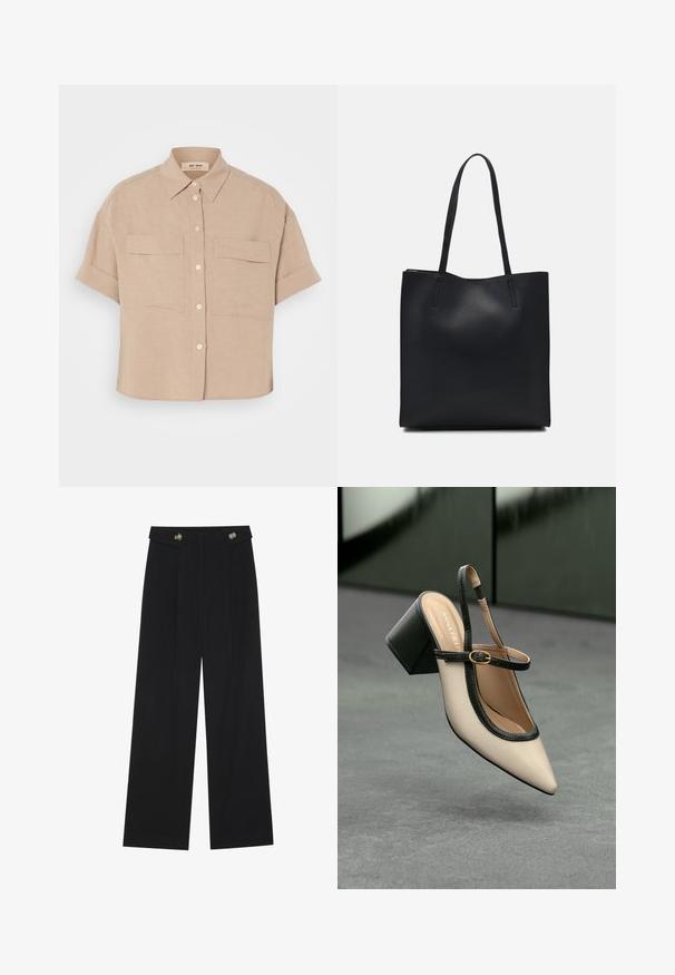 beige, rövid ujjú leninging, hegyes gallérral, két elülső zsebből és fehér gombokból. Laza szabás, sima textúra.; Fekete, bő szárú nadrág magas derékkal, gombos részletekkel a derékrészen és elülső pliszékkal.; Beige, hegyes orrú, pántos cipő fekete díszítéssel, arany csattal és vastag blokk sarokkal, szürke padlón, sötétzöld háttér előtt.; Fekete bőrtáska sima felszínnel, téglalap alakú, két hosszú füllel. Nincs látható fémkiegészítő vagy díszítés.