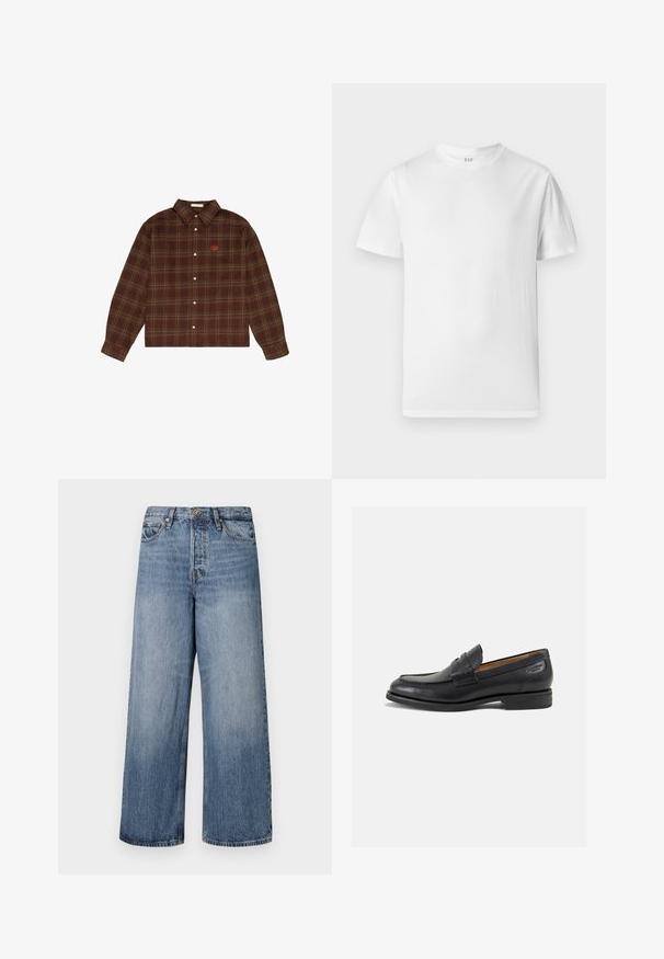 Brązowa i zielona koszula w kratę z długim rękawem i małym pomarańczowym haftowanym logo na lewej piersi.; Biała koszulka z krótkim rękawem, wykonana z miękkiej bawełny. Posiada okrągły dekolt i prosty dół z minimalnymi detalami.; Szerokie niebieskie dżinsy z przetarciami, pięcioma kieszeniami i zapięciem na guzik. Wyposażone w szlufki na pasek i przeszycia dekoracyjne.; Czarne skórzane mokasyny o gładkim wykończeniu, zaokrąglonym nosku i dekoracyjnym przeszyciu na cholewce. Niski, warstwowy obcas i delikatny połysk.