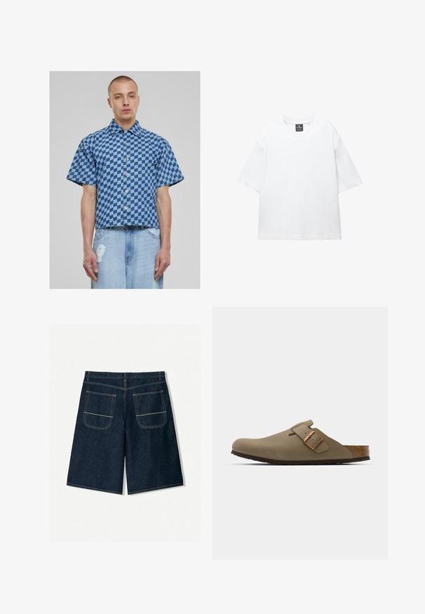 Kortærmet skjorte i blåt ternet mønster, denim materiale, med knaplukning foran og en cropped, boxy fit. Slidte jeans nedenfor.; Hvid kortærmet T-shirt lavet af bomuld, med rund halsudskæring og løs pasform med lige kant. Ingen mønstre eller udsmykninger.; Sorte denim shorts i mørkeblå med løs pasform, der har to baglommer med kontrastsyning. Lige snit og knælangt design.; Brune træskor med en glat, mat finish. Har en fremtrædende bronze spænde på siden. Korkfodbed og gummisål for komfort.