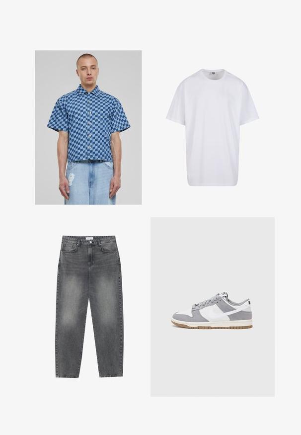Cămașă cu mânecă scurtă în carouri albastre, din material denim, cu închidere buton și o croială scurtă, dreptunghiulară. Blugi uzati dedesubt.; Tricou alb din bumbac cu mâneci scurte, decolteu rotund, croială lejeră și fără logo-uri sau modele vizibile. Textură netedă și design minimalist.; Jeans cu talie înaltă, lejere, din denim negru estompat. Caracteristici: cinci buzunare, bucle pentru curea și un design curat cu picior drept.; Sneaker gri și alb, cu un superior din suede și piele, vârf rotund, șireturi plate și o talpă din cauciuc ce prezintă un accent de culoare gum.