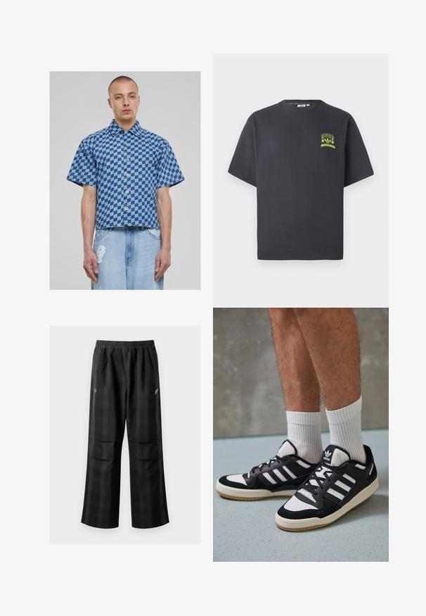 Koszula z krótkim rękawem w niebieską kratę, wykonana z denimu, z zapięciem na guziki z przodu oraz skróconym, pudełkowym krojem. Zniszczone dżinsy poniżej.; T-shirt w kolorze węgorzowym marki Adidas z krótkim rękawem i małą neonowo-zieloną grafiką głośników, słońca oraz logo Adidas na lewej klatce piersiowej.; Czarne spodnie w kratę z elastycznym pasem, dwoma przednimi kieszeniami i luźnym krojem ze prostymi nogawkami. Wykonane z lekkiego materiału.; Czarno-białe sneakersy z zamszową i skórzaną cholewką, z trzema białymi paskami, perforowanym czubkiem i gumową podeszwą w kolorze gumy.