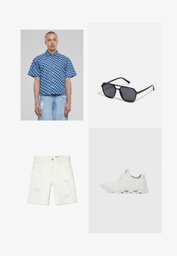 Korte mouwen overhemd in blauw geruit patroon, van denim materiaal, met een knoopsluiting aan de voorkant en een cropped, boxy fit. Versleten jeans eronder.; Witte denim shorts met een middenhoogte taille, verwerkte details, vijf zakken en koperen hardware. Gladde textuur met een casual pasvorm.; Witte sportieve schoenen met een gestructureerde gebreide bovenkant, platte veters en een gevoerde zool met zichtbare luchtkamers voor extra ondersteuning.; Zwarte zonnebril met een octagonaal frame, donkere lenzen, glanzende afwerking, dunne tempels en gouden accenten aan de voorkant.