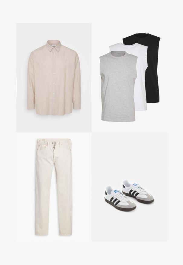 Lys beige langermet skjorte i lin, med krage med knapper, frontknapper og en avslappet passform med oppbrettede ermer.; Tre sleeveless t-skjorter i grått, hvitt og svart. Mykt bomullsmateriale med rund hals og avslappet passform. Enkel design, uten mønstre.; Off-white høydejusterte slim-fit jeans med knappestolpe, fem lommer og kobbernitter, liggende flatt på en hvit bakgrunn.; Sportssko med en hvit skinnoverdel, grå semsket tå og tre svarte striper. Har en blå logo på tungen og en teksturert gummisåle.