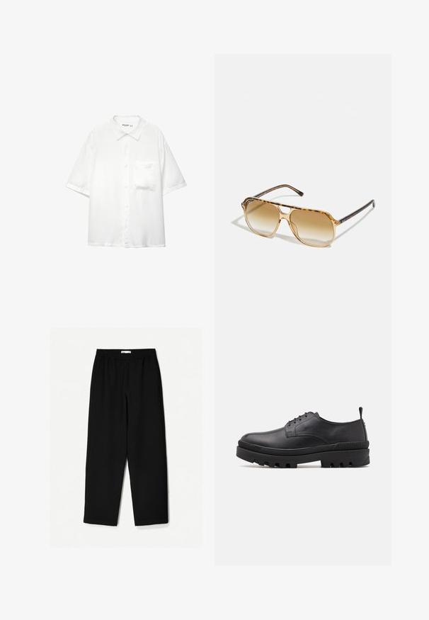 Rövid ujjú, fehér gombos ing, sima anyagból készült, gallérral és egyetlen melltárcával, laza szabású dizájnnal.; Fekete, bő szárú nadrág könnyű anyagból. Rugalmas derékrésszel és sima felülettel rendelkezik. Nincsenek látható minták vagy hardverelemek.; Fekete bőr cipő lekerekített orral, fűzős kialakítással és vastag gumitalppal. A saroknál húzófül és texturált díszítések találhatók rajta.; Tortoiseshell napszemüveg téglalap alakú kerettel, barna színátmenetes lencsékkel és sima fekete szárakkal, amelyek diszkrét logó rátétekkel rendelkeznek.