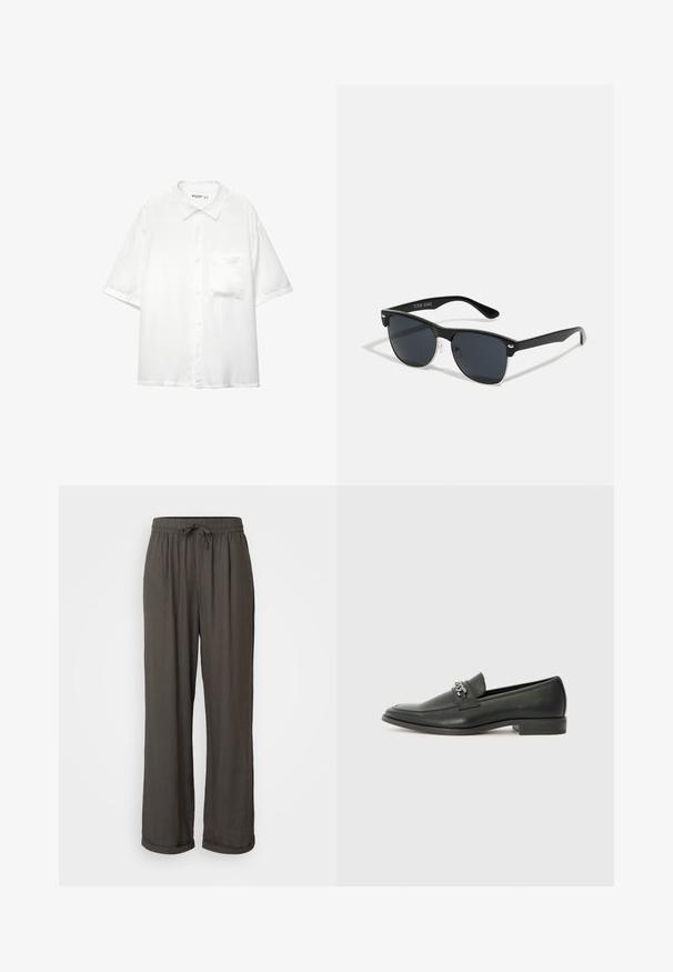 Camicia bianca a maniche corte, realizzata in un tessuto liscio, con colletto e una singola tasca sul petto, dal design a vestibilità rilassata.; Pantaloni a gamba larga grigio scuro con vita regolabile, realizzati in un morbido tessuto testurizzato, con risvolti alle caviglie.; Mocassino in pelle nera con finitura liscia, caratterizzato da un design cucito e da un accento decorativo in catena metallica sul vamp. Tacco piatto.; Occhiali da sole neri con forma rettangolare, lenti scure, dettagli in argento alle tempie e finitura opaca sulla montatura.