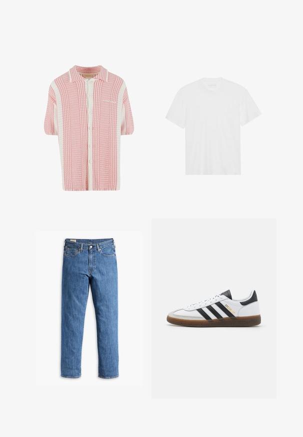 Kurzärmelige Strickjacke mit einem pink-weißen Streifenmuster, ausgestattet mit einem Kragen und einer Frontknopfverschluss. Weicher, strukturierten Stoff.; Weißes Baumwoll-T-Shirt mit kurzen Ärmeln, Rundhalsausschnitt und geradem Saum. Glatte Textur, minimalistisches Design ohne Muster oder Akzente.; Blaue Denim-Jeans mit geradem Bein, Kupferriegeln und Fünf-Taschen-Design. Verfügt über einen genähten Saum und einem klassischen Taillenbund mit Gürtelschlaufen.; Weiße Leder-Sneaker mit schwarzen Wildlederakzenten, drei schwarzen Streifen, beigefarbener Gummisohle und goldener "SPEZIAL"-Branding an der Seite.