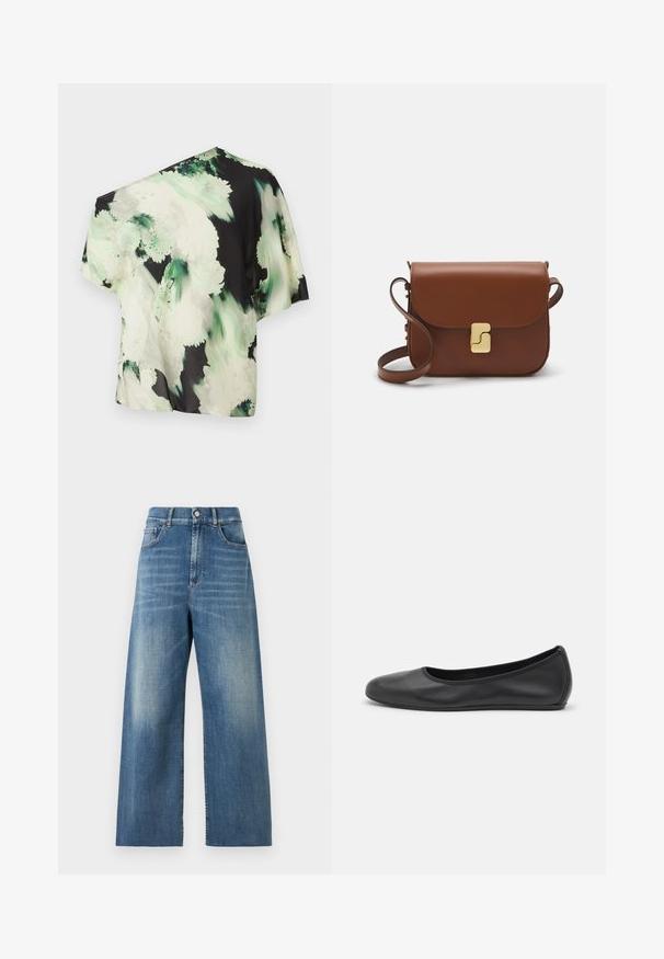 Blusa asimmetrica in tessuto leggero con sfondo nero e motivi floreali verdi e bianchi; maniche corte, vestibilità ampia.; Jeans a vita alta e gamba larga realizzati in denim blu con una finitura sbiadita. Presentano tasche frontali e una chiusura con un singolo bottone.; Pantofole da balletto nere in pelle con punta arrotondata, texture liscia, dettagli di cucitura minimi e design con suola flessibile.; Borsa a tracolla in pelle marrone con chiusura a pattina, hardware color oro, tracolla e una finitura liscia. Forma rettangolare compatta.