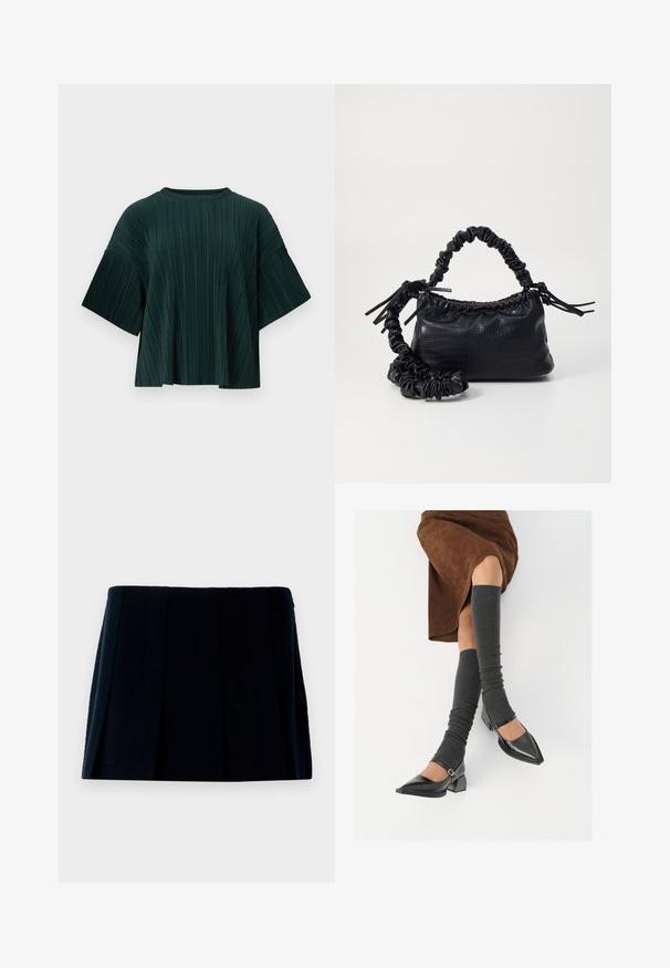 Ciemnozielony top plisowany z okrągłym dekoltem i szerokimi krótkimi rękawami, wyróżniający się teksturowanym materiałem i zwiewnym kształtem.; Czarna, plisowana mini spódnica wykonana z materiału. Posiada prostą talię i wiele pionowych fałd dla kształtu i tekstury.; Czarne lakierowane buty na szpilce z prostokątnym obcasem i paskiem na kostce, zestawione z szarymi prążkowanymi ocieplaczami na nogi oraz brązową zamszową spódnicą.; Czarna torebka z syntetycznej skóry o teksturze krokodyla, z zaciąganym górnym zamknięciem i marszczonym paskiem. Wygląda na miękką i zwartą w designie.