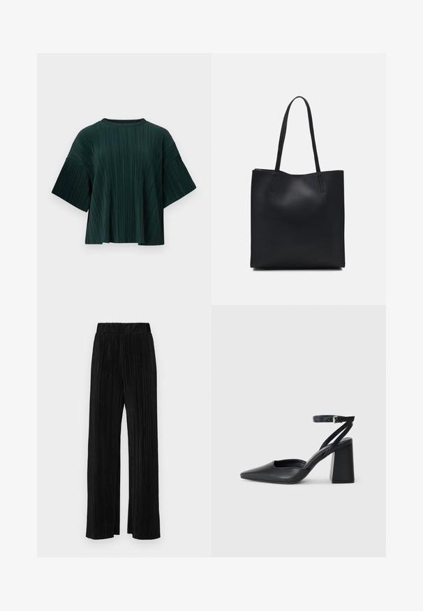 Dark green pleated top with a round neckline and wide short sleeves, featuring a textured fabric and flowing shape.; Black pleated trousers with an elastic waistband. Features wide legs and a smooth, textured fabric with vertical stripes.; Black leather pointy-toe pump with an ankle strap and a chunky heel. Flat texture, sleek design, and minimalistic aesthetics.; Black leather tote bag with smooth texture, rectangular shape, and two long handles. No visible hardware or embellishments.
