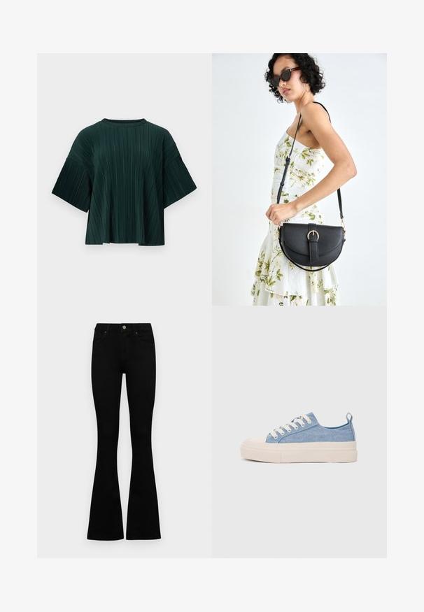Mørkegrønn plisserte topp med rund hals og brede korte ermer, med et teksturert stoff og flytende form.; Sorte høytlivsjeans med knapp og glidelås, frontlommer og utsvingte bein liggende flatt på en hvit bakgrunn.; Lys blå canvastøfler med en kremfarget gummitupp og yttersåle, med hvite snørebånd og en løfteløkke på hælen.; Svart lærveske med en buet form, avtagbar stropp og gullbeslag. Vesken har et klaff med spenne-detall.