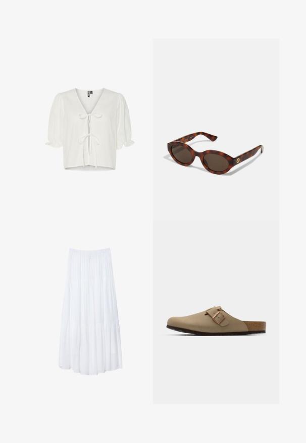 Blusa bianca corta in tessuto leggero, con scollatura a V, maniche a sbuffo e dettaglio con laccio frontale, dalla vestibilità rilassata.; Gonna maxi bianca a più strati realizzata in tessuto leggero. Presenta una vita elastica e un design fluido con una morbida e sottile texture.; Zoccoli beige con punta arrotondata, accentati da una fibbia regolabile e con tappetino in sughero. Superficie texturizzata con suola in gomma nera per una migliore aderenza.; Occhiali da sole in tartaruga con montatura arrotondata, lenti scure e dettagli in oro sul tempio. Materiale in plastica liscia, senza schemi visibili.; Borsa a spalla in tessuto marrone con un corpo ampio e arrotondato e una grande maniglia a taglio. Texture morbida, design minimalista e senza hardware visibile.