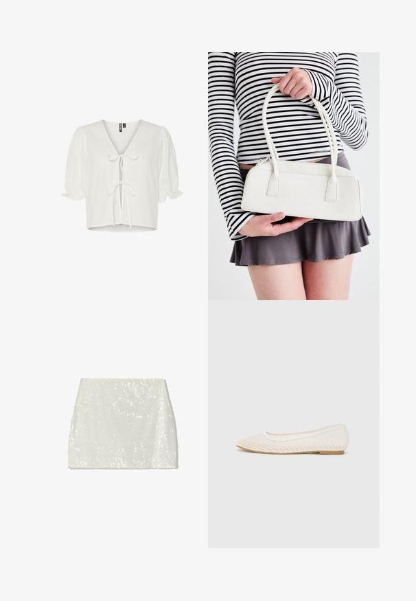 Hvid kort top i let stof med v-hals, pufærmer og en frontknude detaljer med en afslappet pasform.; Bershka A-snit nederdel - white; Hvide flade sko med mesh-design, spids tå og en lav, flad sål. Tekstureret overdel med en glat foring og subtile kontrastkanter.; Hvid krokodillepræget håndtaske med to håndtag, rektangulær form og lynlås lukning. Vist mod en lys baggrund.