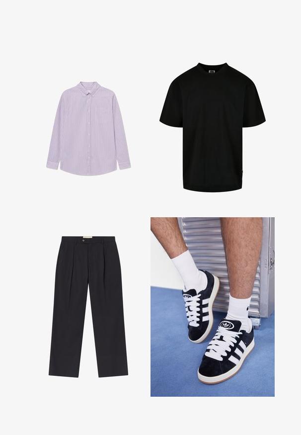 Ljubičasta in bela prugasta srajca z dolgimi rokavi z gumbom navzdol, enojno prsno žepom in ukrivljenim spodnjim delom. Narejena je iz lahkotnega materiala.; Črna majica iz bombaža z okroglim izrezom in kratkimi rokavi, ohlapnega kroja. Preprost dizajn, brez vzorcev ali grafik.; Prilagojene temno mornarsko hlače z visokim pasom, dvema sprednjima gubama, gumbom za zapiranje in ravnimi nogami iz gladkega materiala.; Črne semiš teniske z belimi vezalkami in tremi belimi črtami. Imajo okroglo črno oznako na jezičku in gumijast podplat.