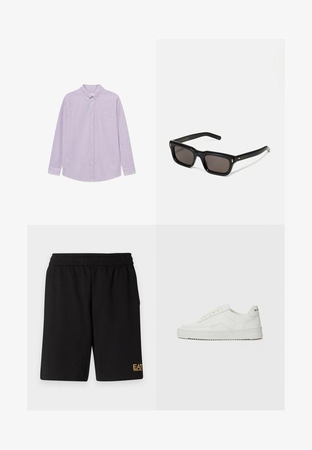 Camicia a maniche lunghe a righe viola e bianche con colletto a bottoni, taschino singolo sul petto e orlo curvo. Realizzata in tessuto leggero.; Pantaloni sportivi neri realizzati in tessuto morbido, con vita elastica e un piccolo logo EA7 giallo sulla parte bassa della gamba sinistra.; Sneaker in pelle bianca con una finitura liscia, punta rotonda, lacci piatti e suola testurizzata. Presenta un logo discreto sul tallone.; Occhiali da sole neri rettangolari con lenti scure, montatura spessa in plastica, dettagli dorati sulle tempie e logo del marchio inciso sull'asta.