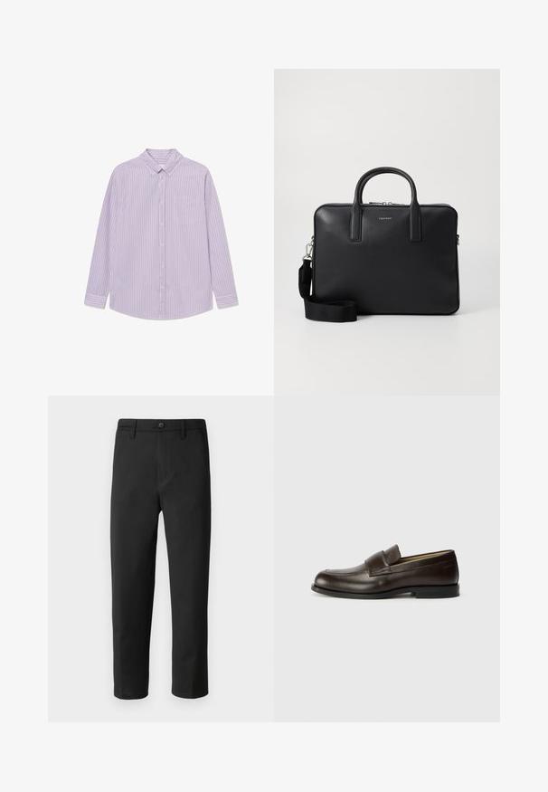 Lilla og hvit stripete langermet skjorte med krage, enkelt brystlomme og buet nederkant. Laget av lett stoff.; Sorte bukser med rett snitt, laget av glatt stoff. Har knappelukking og beltehemper. Ingen synlige mønstre eller accenter.; Calvin Klein Slippers - cocoa brown; Svart lær arbeidsveske med strukturert overflate, doble håndtak, avtakbar skulderrem, og frontlogo. Glidelås-lukking.