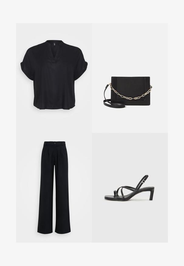 Črna bluza s kratkimi rokavi z V-izrezom in zvitimi manšetami. Narejena iz gladkega materiala, ima ohlapen kroj in mehak tekstur.; Široke črne hlače iz gladkega materiala, ki imajo gumbasto zapiranje in subtilne naborke, ter elastičen pas za udobje.; Črne natikače s trakovi in kvadratnim prstom ter nizkim blokastim peto. Imajo več tankih trakov in nastavljiv trak okoli gležnja. Narejene so iz gladkega usnja.; Črna usnjena torba čez ramo z gladko teksturo, pravokotno obliko in kovinskim verižnim detajlom spredaj. Vključena je nastavljiva naramnica.; Srebrn dvojni prstan z gladko, polirano površino. Ima tekoč, ukrivljen dizajn z prekrivajočimi se sekcijami za sodoben videz.