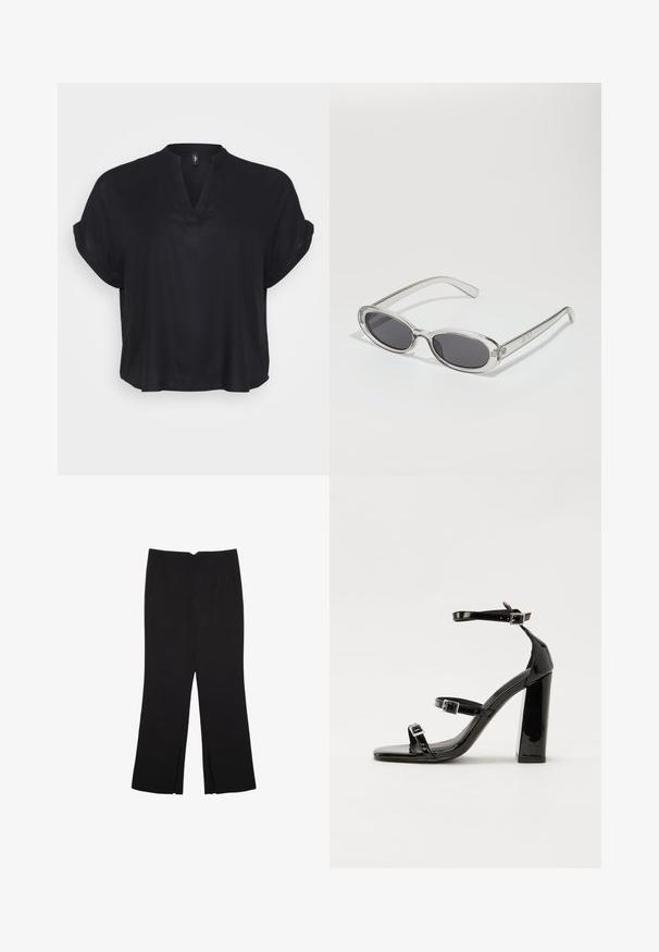 Crna bluzica kratkih rukava s V-izrezom i preklopljenim rukavima. Napravljena od glatkog materijala, ima slobodan kroj i mekanu teksturu.; Crne hlače ravnog kroja, s prednjim džepovima i bočnim prorezima na rubu. Izrađene od mekog i glatkog materijala. Pogodne za razne prigode.; Crne lakirane sandale na pete sa kvadratnim nosom, trakama oko gležnja i srebrnim kopčama. Imaju čvrst blok petu za stabilnost.; Naočale u ovalnom obliku, okvir od prozirne plastike, tamno sivi leće i tanke prozirne ručke s logotipom i minimalnim detaljima.