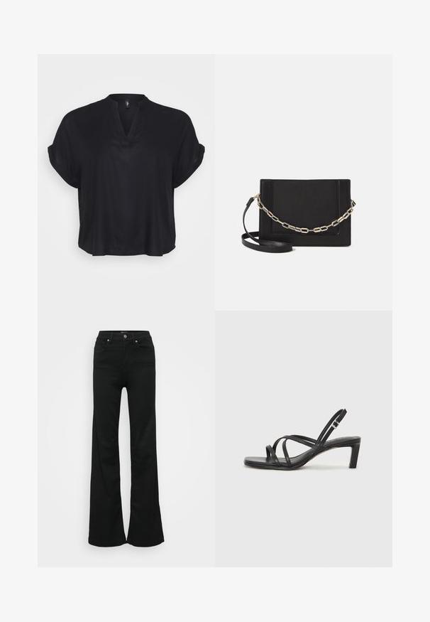 Juodas trumpas rankovėmis bluzonas su V formos iškirpte ir suvoliotais rankovių galais. Pagamintas iš lygios medžiagos, turi laisvą siluetą ir švelnią tekstūrą.; Juodos plačios džinsinės kelnės, pagamintos iš denimo, su aukštu liemeniu, penkiomis kišenėmis ir metaliniu sagčių uždarymu. Lygi tekstūra su minimaliu dekoravimu.; Juodi šlepetės su kvadratiniu pirštu ir žemu bloku kulnu. Yra keli ploni dirželiai ir reguliuojamas kulkšnies diržas. Pagaminti iš lygios odos.; Juodas odinis per petį nešiojamas krepšys turi lygų paviršių, stačiakampio formą ir metalinę grandinėlę priekyje. Pridedama reguliuojama dirželis.