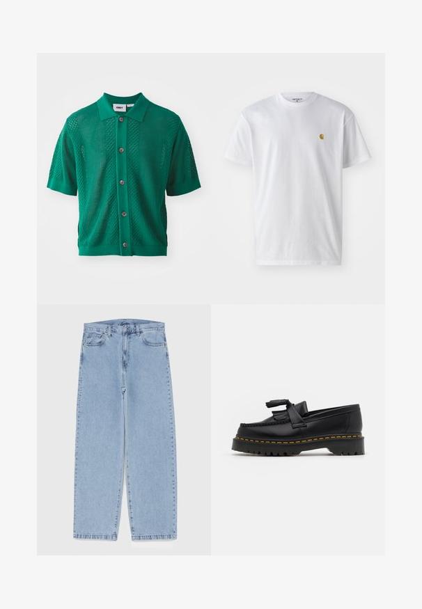 Grønn kortermet skjorte med krage, strukturert strikkemønster, fem brune knapper foran og ribbestrikket mansjett.; Hvit bomull t-skjorte med korte ermer, rund hals, med en liten gulllogo på venstre brystområde. Myk tekstur og vanlig passform.; Lyseblå denimjeans med rett ben-design, med mid-rise liv, fem lommer og knap og lynlås lukning.; Svart skinn loafers med en kvastdetalj, med en tjock svart sula och gul sömnad längs kanten. Texturerad yta.