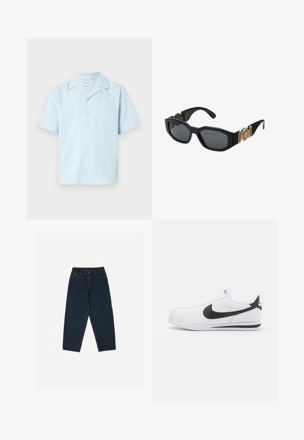 Kurzärmliges Hemd in hellblauem Stoff, mit einem schlichten Kragen und einer weichen Textur mit einem subtilen Muster, sechs Knöpfen auf der Vorderseite.; Dunkelblaue, hochgeschnittene Jeans mit lockerer Passform, ausgestattet mit fünf Taschen und einem Knopfverschluss. Hergestellt aus Denim mit glatter Textur.; Weiße Ledersneaker mit schwarzem Nike-Swoosh, flachen Schnürsenkeln und strukturiertem Gummisohlen. Abgerundete Zehenpartie und gepolsterter Kragen für zusätzlichen Komfort.; Schwarze Sonnenbrille mit einem massiven geometrischen Rahmen, dunklen Gläsern und goldenen Metallelementen an den Bügeln, die ein rundes Emblemdetail aufweisen.
