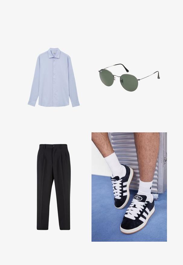 Calliope CLASSIQUE UNIE - Camicia - bleu ciel; Pantaloni neri con design a pieghe sul davanti, realizzati in tessuto morbido. Presentano una chiusura con bottone e passanti per cintura; vestibilità a gamba dritta.; Sneakers in suede nero con lacci bianchi e tre strisce bianche. Presentano un logo circolare nero sulla linguetta e una suola in gomma color gomma.; Occhiali da sole con montatura in metallo e lenti verdi ovali. Montatura sottile in metallo argento e terminali neri. Design minimalista, senza loghi visibili.