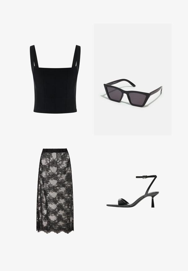 Crni kratki top s širokim naramenicama, ima strukturirani dizajn i vertikalne šavove za dodatni oblik i detalje. Glatka tekstura.; Crna čipkasta suknja s valovitim rubom, s cvjetnim uzorkom i prozirnom teksturom. Elastična pojas za udobno nošenje.; Bershka Sandale s visokom petom - black; Crne, uglaste sunčane naočale sa sivoj lećama; izrađene od plastike, imaju debele nogice s glatkom površinom i bez vidljivih metalnih dijelova.; Crna kožna torba s zaobljenim, konturiranim oblikom, koja ima zatvaranje na zlatnu bravu i jednu podesivu trakicu. Glatka tekstura.