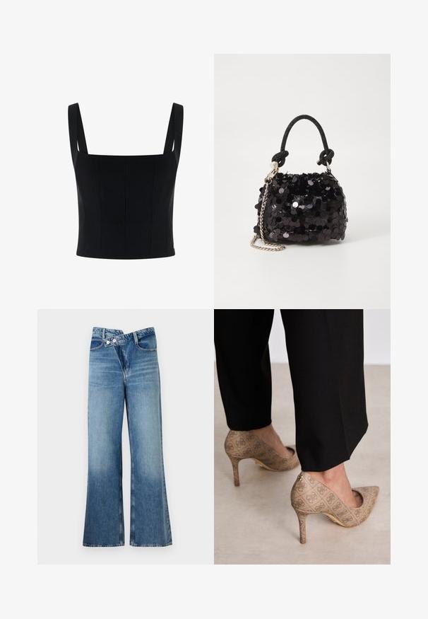 Must mustriga mustükk, laiad õlavarrepaelad, struktureeritud disain ja vertikaalsed õmblused lisavad kuju ja detaile. Sile tekstuur.; Heledad sinise denimi laienevad teksad kõrge vöökohaga, millel on kaks nööpi ja eesnahk. Kangas on tuhm tekstuuriga, kus on kergeid varieeruvaid toone.; Beige kõrged kontsad, mis on valmistatud tekstureeritud kangast, millel on korduv muster. Terava nina disain tagakülje aktsendi ja kuldse kontsiga.; Must have mustrõngus mustal sädelev mini käekotil on sõlme tekstuuriga rihm ja hõbedane ketis. Ümar kuju, kokku kogutud ülaosa ja peegeldav detail.