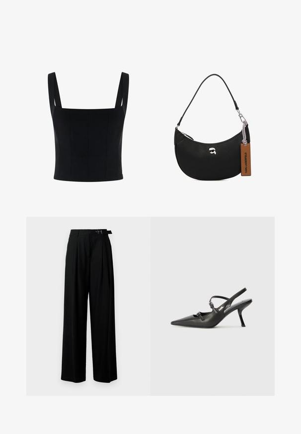 Schwarzes, kurzes Oberteil mit breiten Schulterträgern, zeichnet sich durch ein strukturiertes Design und vertikale Nähte für zusätzliche Form und Detail aus. Sanfte Textur.; Schwarze weit geschnittene Hosen mit hoher Taille, Falten an der Vorderseite und einem Gürtel mit Schnalle. Hergestellt aus glattem, leichtem Stoff.; Schwarzlederne Slingback-Absätze mit spitzer Zehenform, schlankem Absatz und dekorativem Schnallendetail auf dem Blatt. Glatte Textur und elegantes Design.; Schwarze Lederhandtasche mit einer genarbten Textur, geschwungener Form, Reißverschluss oben, silberner Hardware und einem braunen Etikett. Verfügt über ein Logo-Detail.