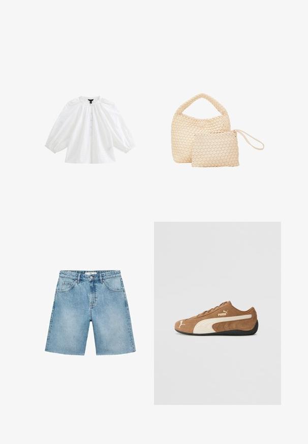Witte katoenen blouse met pofmouwen, ronde halslijn en knopen aan de voorkant. Bevat een gaatjespatroon en broderie-accenten overal.; Lichtblauwe denim shorts met een recht model, vijf zakken, een sluiting met knopen aan de voorkant en een rafelige zoom. Klassieke denimtextuur.; Bruine suède low-top sneakers met crèmekleurige accenten, een gestructureerd oppervlak, een zwarte rubberen zool en een geborduurd logo aan de zijkant en op de tong.; Geweven, crèmekleurige tasset met een grotere handtas met een ronde handgreep en een kleinere zak met een bandje, beide met een uniforme textuur.