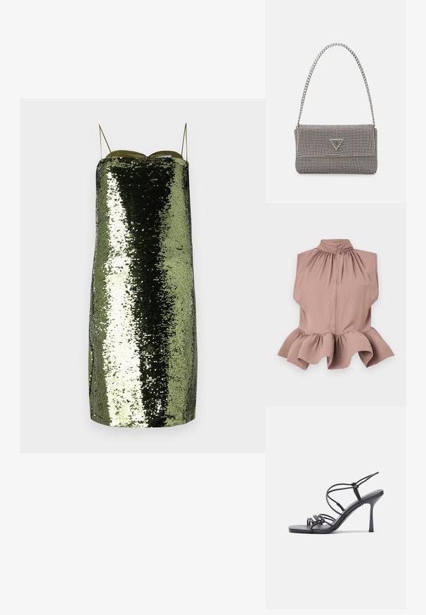 Sleeveless top in dusty rose with a high collar, gathered neckline, and a flared ruffled hem, made of smooth, light fabric.; Green sequin dress with a straight cut, thin adjustable straps, featuring a reflective texture and a slim silhouette.; Black high-heeled sandals feature thin straps with a knotted design, a smooth square toe, and a sleek stiletto heel.; Light gray metallic handbag featuring a chain strap, embellished with small circular metallic studs and a triangular brand logo.