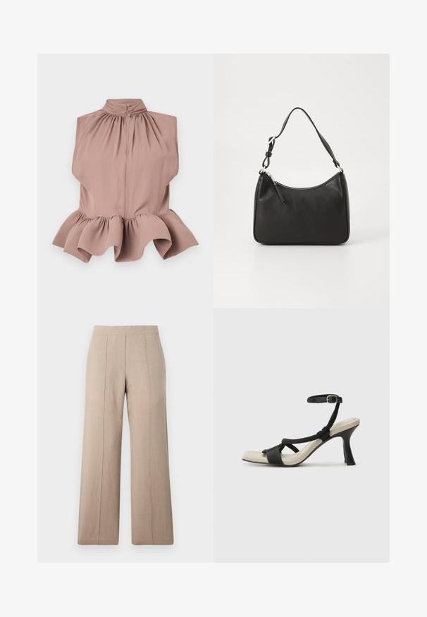 Ärmelloses Oberteil in staubrosa mit hohem Kragen, gerafftem Ausschnitt und schwingendem Rüschensaum, aus glattem, leichtem Stoff gefertigt.; Beige weit geschnittene Hose aus leichtem Stoff, mit vorderen Falten, einem glatten Bund und geradem Schnitt mit sauberen Säumen.; Schwarze Absatzsandale mit geflochtenem Riemendesign, quadratischer Spitze und verstellbarem Knöchelriemen. Helle beigefarbene Sohle mit glänzendem schwarzen Absatz.; Schwarze Lederhandtasche mit geschwungener Form, einem einzigen Tragegurt, Reißverschlussverschluss und dezentem Branding auf der Vorderseite. Glatte Textur, minimalistisches Design.