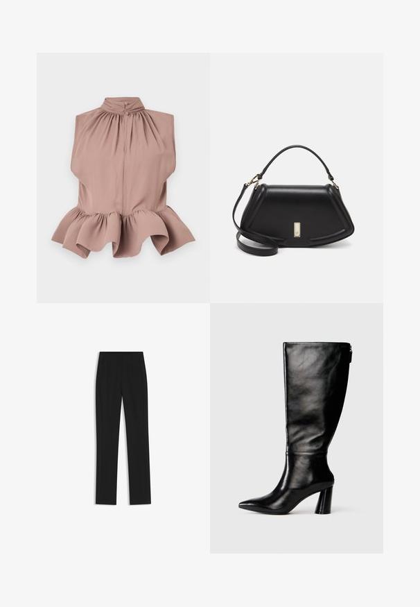 Top senza maniche in rosa polveroso con colletto alto, scollatura arricciata e orlo a volant ampia, realizzato in tessuto leggero e liscio.; Pantaloni neri su misura con un design a gamba dritta, dotati di tasche frontali e un tessuto liscio e strutturato. Dettagli ordinati e minimalisti.; Stivale in pelle nera, alto fino al ginocchio, con punta affusolata, superficie liscia e tacco spesso. Presenta un dettaglio con zip sul retro.; Borsa a mano in pelle nera con un design strutturato, caratterizzata da una forma corta, manico superiore e accessori in metallo dorato. Inclusa tracolla regolabile.