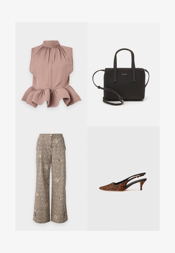 Ilmaõlgadega tops tolmuroosa värviga, kõrge kaelusega, kogutud kaelusesse ja väikese lühikese äärisega, valmistatud siledast ja kergest kangast.; Leopardimustriga laiad püksid, beeži ja pruuni tooni pehmest kangast, küljetaskute ja nupuga kinnitusega vöökoht.; Pruun leopardimustriga slingback kiil, millel on terav nina, kaarjad lõigatud külgedelt ja sale must kiil. Sile tekstuur koos kuldse aktsendiga.; Musthave mustrans vöö ja eemaldatav õlarihm. Gludike nahk siledaga, millel on tõmblukk ja logo detail.