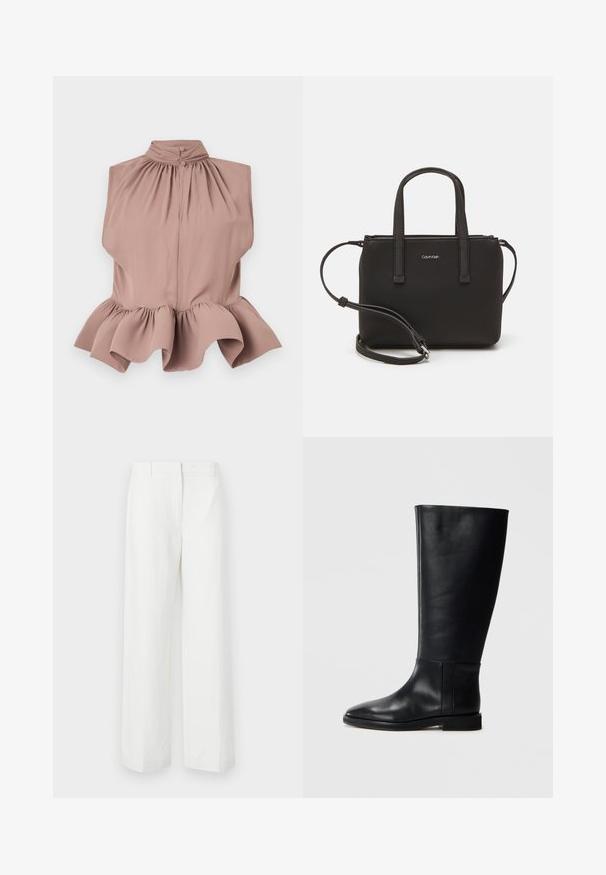 Rankovėmis be viršaus, dulkėto rožių spalvos, su aukštu apykakle, susirinkusiu iškirpimu ir plačiu raukšlėtu apdailos kraštu, pagaminta iš lygaus, lengvo audinio.; Balti pločio kelnės su glotnia tekstūra, su lygia priekiu ir presuotomis raukšlėmis. Pagamintos iš lengvo audinio, be matomų raštų.; Juodos odinės kelio ilgio boot'ai su apvaliu pirštu, lygia tekstūra, minimalistiniu dizainu ir plokščiu padu. Paprasti siuvinėjimo detalės ant šonu.; Juoda rankinė su dviem trumpais rankenėlėmis ir nuimamu petį. Lygaus odos tipo medžiaga su užtrauktuku ir logotipo detale.