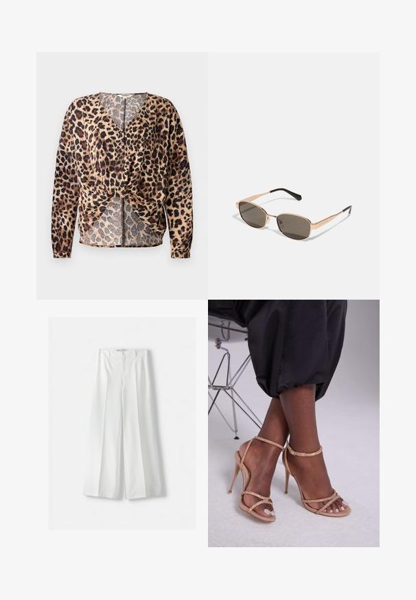 Bluse mit Leopardenmuster, V-Ausschnitt, langen Ärmeln, geknoteter Vorderseite und Knopfdetails. Hergestellt aus leichtem, strukturiertem Stoff.; Zwei nahtlose Schlauchschals: einer schwarz und einer weiß. Beide bestehen aus weichem, dehnbarem Material und haben eine glatte Textur ohne Muster.; Bershka WIDE-LEG TAILORED - Stoffhose - white; Beige High-Heelsandalen mit Kristallverzierungen, offen an den Zehen, dünnen Riemen und einer eleganten Silhouette.; Rechteckige Sonnenbrille mit goldfarbigem Metallrahmen und dunklen Gläsern. Akzentuiert durch schlanke schwarze Bügel, die ein minimalistisches Design zeigen.; Michael Kors Clutch in beige beschichtetem Canvas mit einem wiederholten MK-Logo-Muster, goldfarbener hardware und einem abnehmbaren Kettenriemen.; Armbänder aus goldfarbenem Metall mit einem verwobenen Design; glatte, polierte Oberfläche; flexible Form, die für verschiedene Handgelenkgrößen geeignet ist.