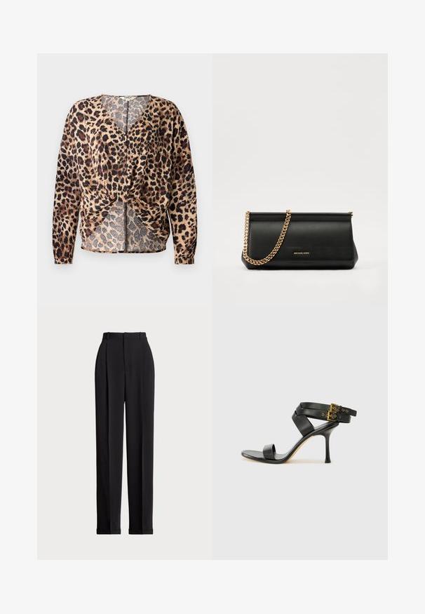 Bluza s leopard uzorkom koja ima V-izrez, duge rukave, čvor na prednjem dijelu i gumbe. Izrađena od lagane, teksturirane tkanine.; Crne krojene hlače s visokim strukom, s naborima sprijeda, ravnim krojem i običnim rubom. Izrađene od glatkog materijala.; Crne sandale s petom sa preklapanim trakama i podesivim kopčanjem. Imaju glatku teksturu i suženi stiletto potplat.; Crna kožna torbica sa zlatnim lančićem, koja se odlikuje glatkom teksturom, pravokutnim oblikom i utisnutim brendom na prednjoj strani.