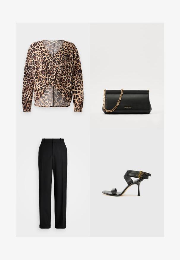 Leopardikujuline pluus, millel on V-kaelus, pikad varrukad, sõlmitud esiosa ja nööbid. Valmistatud kergest struktuursetest kangast.; Polo Ralph Lauren HIGH RISE RELAXED STRAIGHT TROUSER - Püksid - black; Mustad mustand koos ristatud rihmade ja reguleeritava pandlaga. Omab siledat tekstuuri ja kitsenevat stiletto kontsa.; Mustast nahast klamberkott kuldse kettrihmaga, millel on sile tekstuur, ristkülikuline kuju ja esiküljel reljeefne brändingu märk.