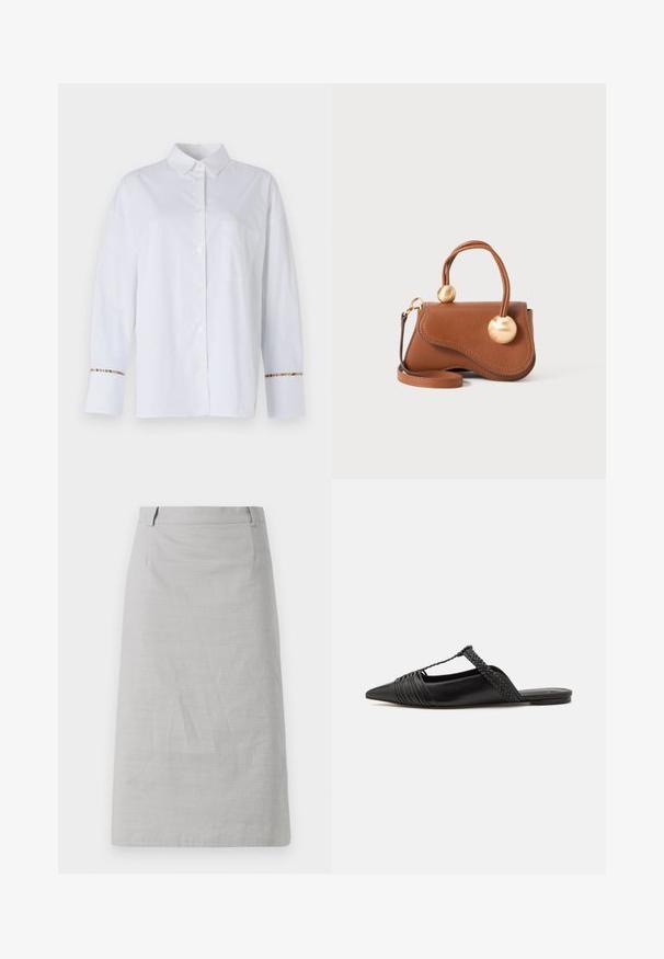 White long-sleeve button-up shirt in smooth fabric, featuring a chest pocket and colorful striped accent at the cuffs.; Gray pencil skirt with a smooth texture, fitted shape, and a flat waistband, featuring side seams and no visible patterns or accents.; Black leather slingback shoe with a pointed toe, featuring a woven accent and pleated upper design. Flat sole with minimal hardware.; Brown leather handbag with a wavy design, featuring two circular gold accents and a detachable shoulder strap for versatile carrying.