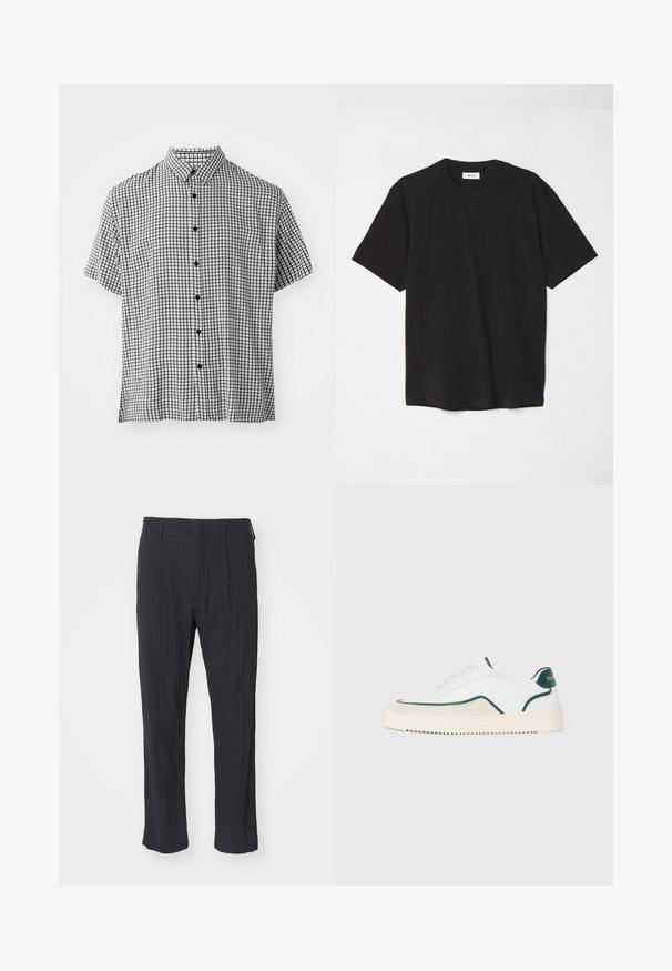 Lühikeste varrukatega nööbitav särk musta ja valge ruudustikuga, klassikalise kraega ja mustade nööbidega ees.; Must must t-särk, millel on ümmargune kaelus, lühikesed varrukad ja lõdva soe. Lihtne disain, sile tekstuur ja nähtamatud mustrid või logod.; Mustad plisseeritud püksid tekstureeritud kangast, sirge säärega disain ja tavaline vöökoht. Nähtavaid taskuid või metallosadeta.; Valge madal spordijalats roheline ääris, beežist seemisnahast detailid ja kreemjasvärvi tallaga, millel on sooneline põhi.