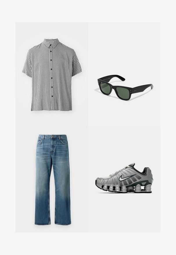 Short-sleeve button-up shirt with a black and white grid pattern, featuring a classic collar and black buttons down the front.; Light blue wide-leg jeans with a faded wash, featuring single-button closure, five pockets, and contrasting stitching.; Grey and black Nike running shoe with visible spring-like cushioning under the sole and a white swoosh logo on the side.; Black rectangular sunglasses with green lenses, matte finish, subtle hardware accents, and embossed logo on the temple.