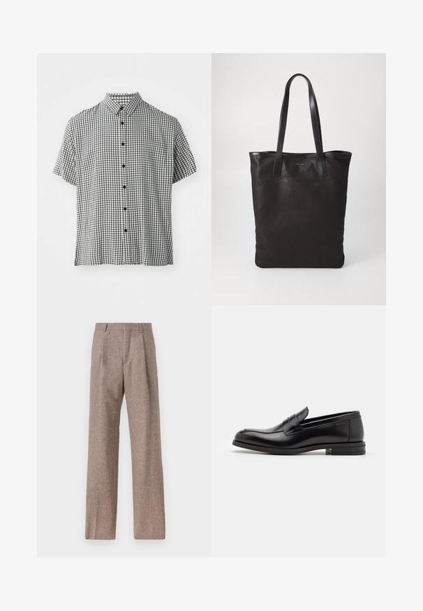 Korte mouwen overhemd met een zwart-wit ruitpatroon, voorzien van een klassieke kraag en zwarte knopen aan de voorkant.; Bruine, hooggewaisted broeken van een gestructureerde stof. Heeft wijde benen en twee voorplooien voor extra structuur. Net afgewerkt zonder zichtbare hardware.; Zwarte leren instappers met een gladde textuur, ronde neus en een decoratieve band over de wreef. Lage, gestapelde hak en minimalistisch ontwerp.; Zwarte canvas schoudertas met zwarte leren handvaten. Eenvoudig ontwerp, ruime body en een gladde textuur. Geen zichtbare logo's of patronen.