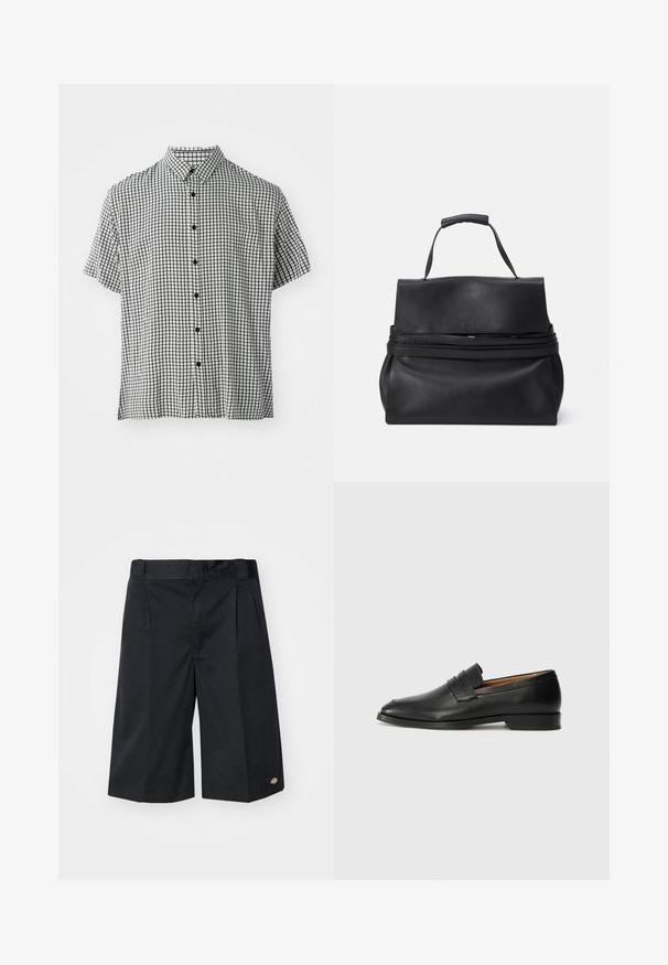 Košela s krátkymi rukávmi na gombíky s čierno-bielym mriežkovaným vzorom, s klasickým golierom a čiernymi gombíkmi na prednej strane.; Čierne šortky s upraveným strihom, vybavené plochými prednými záhybmi, štandardným pásom a bočnými vreckami. Vyrobené z pevnej tkaniny.; Čierne kožené mokasíny s okrúhlou špičkou, jemným prešitím a nízkym podpätkom, s hladkou textúrou a minimalistickým dizajnom.; Čierna kožená kabelka so štruktúrovaným dizajnom, obsahujúca horné uchopenie, zipsové uzatvorenie a hladkú textúru. Jednoduchý logový akcent na prednej strane.
