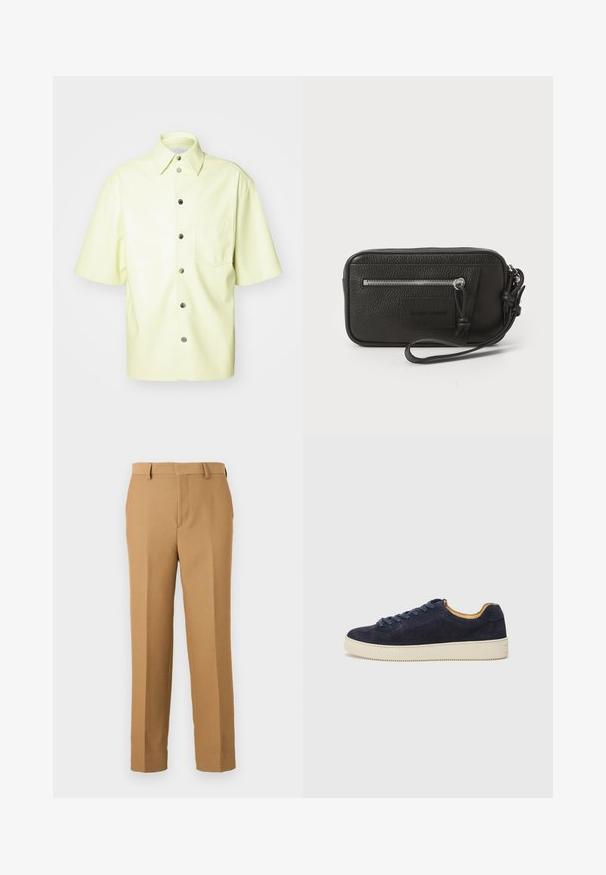 Krátký rukáv košile ve světle žluté umělé kůži. Má přední kapsu, zapínání na knoflíky a klasický límec. Hladká, lesklá textura.; Beige kalhoty z tkané látky, s rovnými nohavicemi, plochým předním dílem a poutky na opasek. Hladký povrch bez viditelných vzorů.; Námořnické semišové nízké tenisky s kulatou špičkou, krémovou gumovou podrážkou a odpovídajícími tkaničkami; obsahují kontrastní hnědou podšívku.; Černá kožená kabelka s texturovaným povrchem, přední kapsou na zip a odnímatelným zápěstním poutkem. Na přední straně se nachází logo. Obdélníkový tvar.