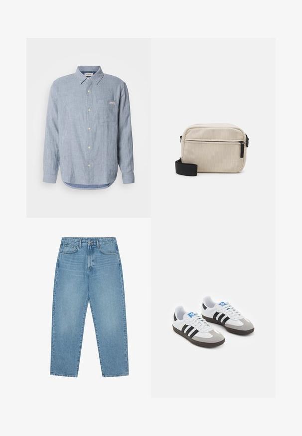 Lys blå stripete skjorte med knapper, bomullsstoff, lange ermer, spiss krage, enkelt brystlomme og logo-merke detalj.; Sett av fem t-skjorter i svart, hvit og marineblå. 100% bomull, kortermet, rund halsdesign og ensfarget uten mønstre.; Lyseblå denim brede benbukser med høy midje, som har fem lommer, beltehemper og en myk, lett falmet tekstur.; Sportssko med en hvit skinnoverdel, grå semsket tå og tre svarte striper. Har en blå logo på tungen og en teksturert gummisåle.; Kremfarget kordfløyels crossover-veske med svart glidelås, avtakbar stropp og teksturert mønster. Har ett hovedrom og en frontlomme.