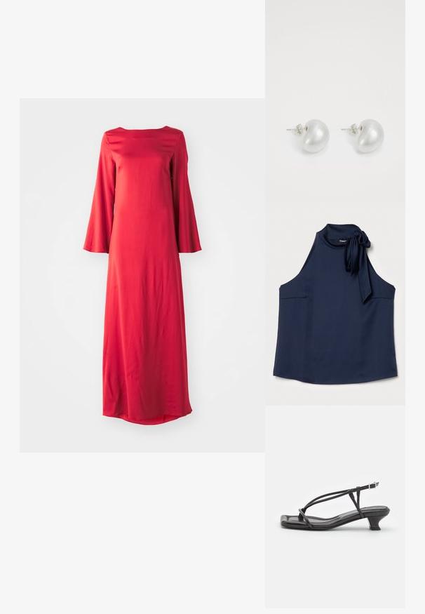 Theory SIDE TIE - Top - nocturne navy; Dlouhé červené šaty z lehkého materiálu, s lodičkovým výstřihem a širokými zvonovými rukávy. Hladká textura s rovnou siluetou.; Černé kožené sandály s tenkými pásky, nízkým blokovým podpatkem a čtveratou špičkou. Obsahují přezku a mají hladkou texturu.; Černá kožená taška přes rameno ve tvaru půlměsíce, texturovaný povrch, zlatý zip a plochý popruh. Kompaktní design vhodný pro nezbytnosti.; Stříbrné perlové naušnice v zakřiveném tvaru fazole. Hladký, lesklý povrch a zajištěné pomocí kolíčku a zajišťovacího uzávěru.