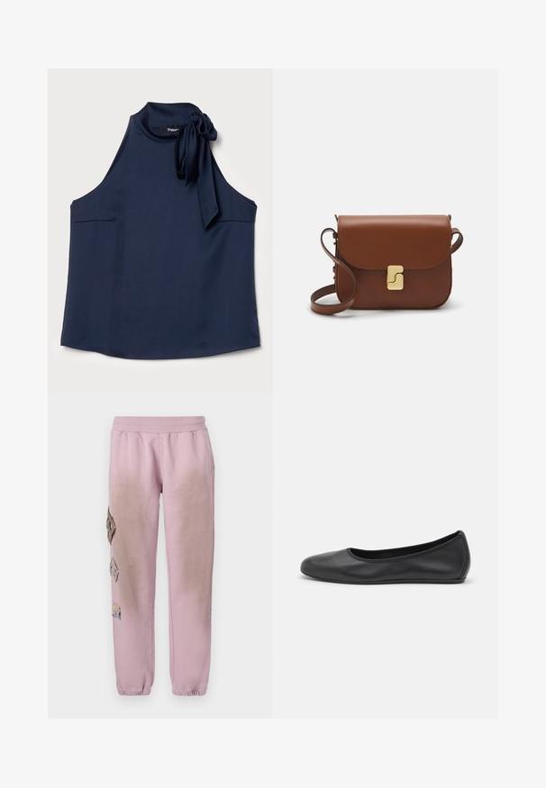 Theory SIDE TIE - Débardeur - nocturne navy; Pantalon de survêtement rose avec une taille élastique, présentant des patches décoratifs en forme de diamant sur le côté gauche et des poignets élastiques aux chevilles.; Ballerines en cuir noir avec un bout rond, texture lisse, détails de couture minimalistes et design de semelle flexible.; Sac à main en cuir marron avec une fermeture à rabat, des accents en métal doré, une bandoulière et une texture lisse. Forme rectangulaire compacte.